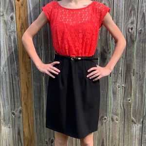 Black/coral lace top dress